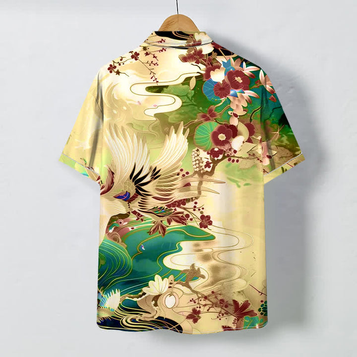 Buddha Stones Camisa transpirable de manga corta para hombre con botones y estampado floral de olas de grulla - image 7