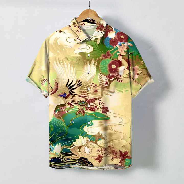 Buddha Stones Camisa transpirable de manga corta para hombre con botones y estampado floral de olas de grulla - seda de maíz - US/UK/AU48, UE58 (4XL) - image 6