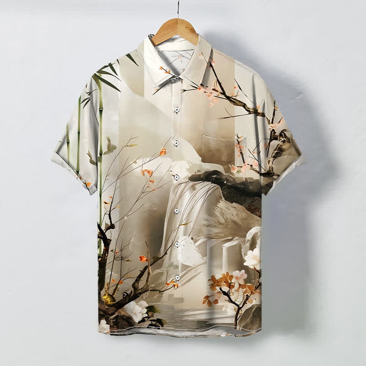 Buddha Stones Camisa de manga corta para hombre con botones y estampado de paisaje de tinta, grullas y flores, resistente a las arrugas. - Beige - US/UK/AU48, UE58 (4XL) - image 3