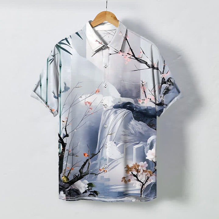 Buddha Stones Camisa de manga corta para hombre con botones y estampado de paisaje de tinta, grullas y flores, resistente a las arrugas. - AliciaAzul - US/UK/AU48, UE58 (4XL) - image 6