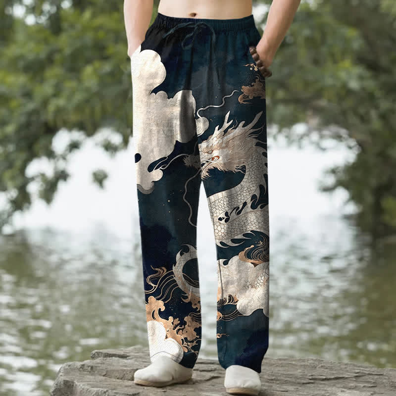Buddha Stones Pantalones de hombre de algodón con estampado de nubes y dragones, corte ajustado y bolsillos. - Verde azulado - US/UK/AU50, EU60 (5XL) - image 0