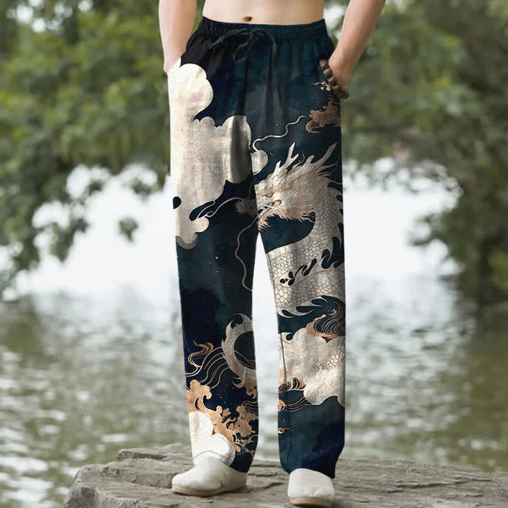 Buddha Stones Pantalones de hombre de algodón con estampado de nubes y dragones, corte ajustado y bolsillos. - Verde azulado - US/UK/AU50, EU60 (5XL) - image 0