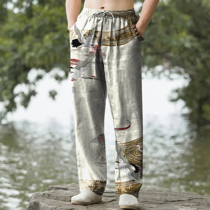 Buddha Stones Pantalones de hombre de algodón blanco con estampado de grullas y olas, corte cónico y bolsillos. - Beige - US/UK/AU50, EU60 (5XL) - image 0