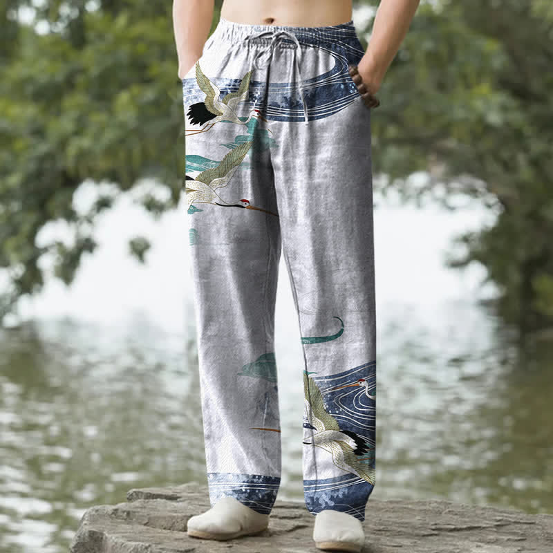 Buddha Stones Pantalones de hombre de algodón blanco con estampado de grullas y olas, corte cónico y bolsillos. - AliciaAzul - US/UK/AU50, EU60 (5XL) - image 4
