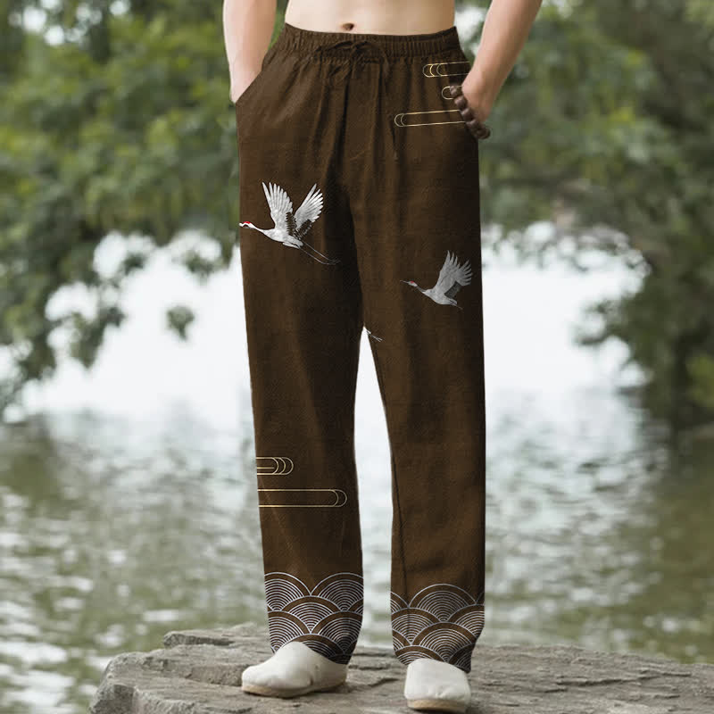 Buddha Stones Pantalones de hombre de algodón blanco con estampado de grullas y olas, corte cónico y bolsillos. - Marrón silla de montar - US/UK/AU50, EU60 (5XL) - image 6