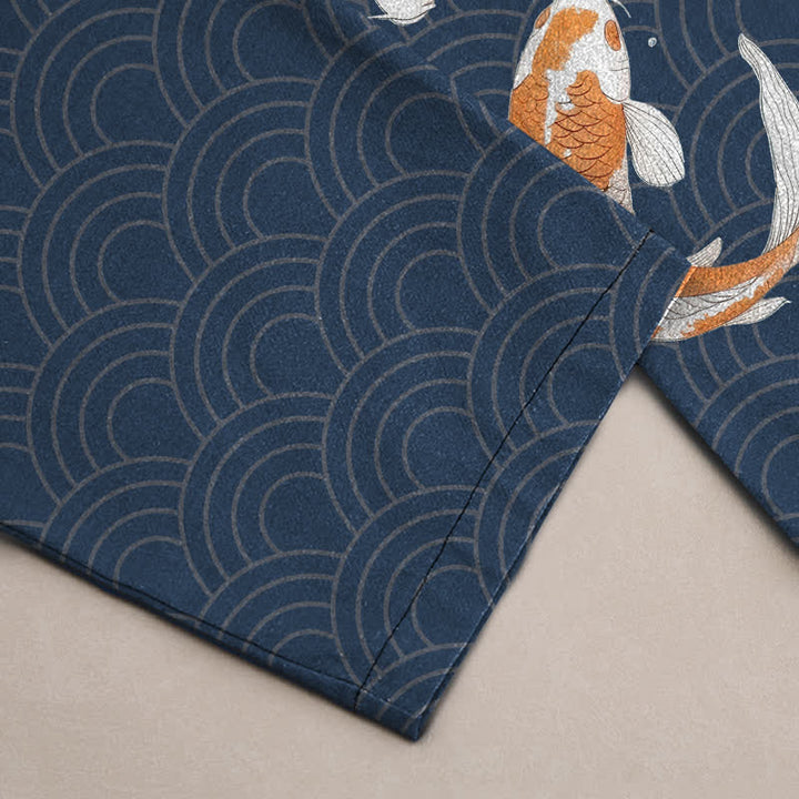 Buddha Stones Pantalones de algodón para hombre con estampado de olas y peces koi, corte ajustado y bolsillos. - image 3