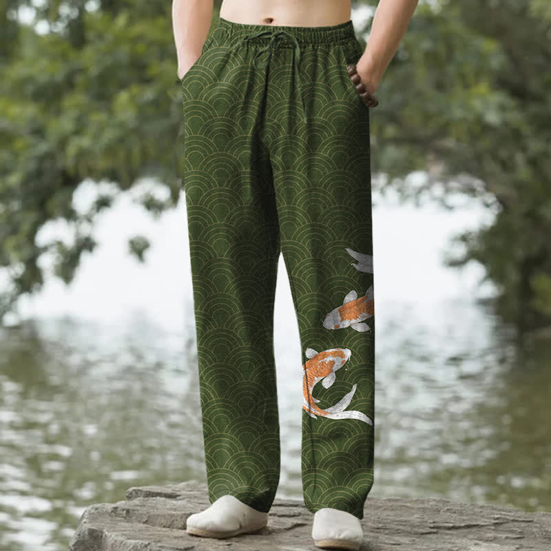 Buddha Stones Pantalones de algodón para hombre con estampado de olas y peces koi, corte ajustado y bolsillos. - Verde bosque - US/UK/AU50, EU60 (5XL) - image 6