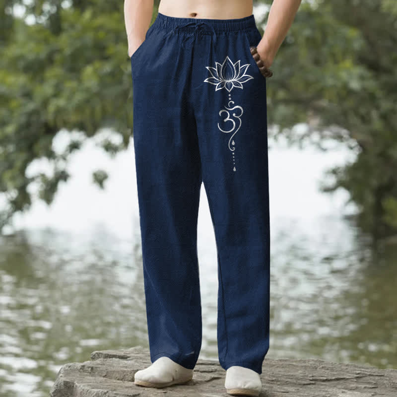 Buddha Stones Pantalones de hombre de algodón con estampado Om de loto, corte ajustado y bolsillos. - Marina de guerra - US/UK/AU50, EU60 (5XL) - image 0