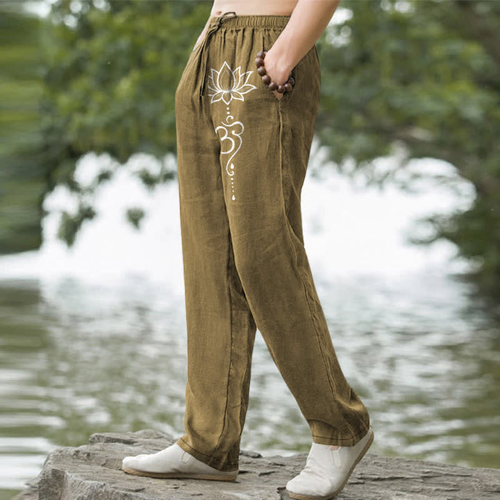 Buddha Stones Pantalones de hombre de algodón con estampado Om de loto, corte ajustado y bolsillos. - image 7