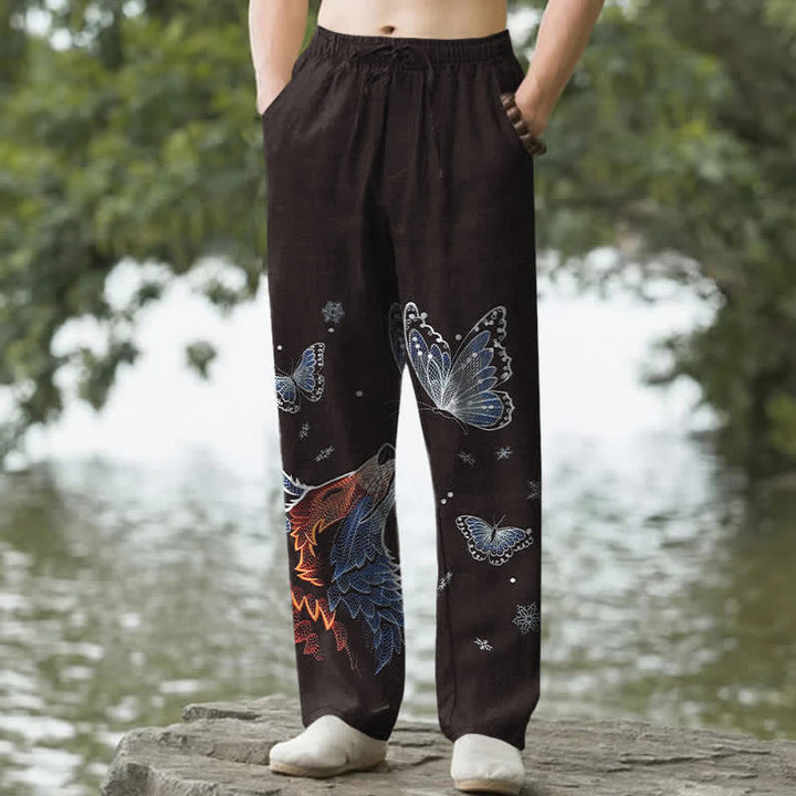 Buddha Stones Pantalones de hombre de algodón con estampado de mariposa y zorro, corte ajustado y bolsillos. - Marrón - US/UK/AU50, EU60 (5XL) - image 0