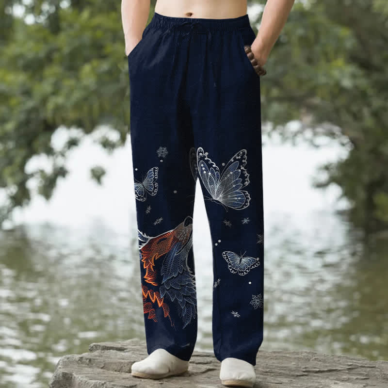 Buddha Stones Pantalones de hombre de algodón con estampado de mariposa y zorro, corte ajustado y bolsillos. - Marina de guerra - US/UK/AU50, EU60 (5XL) - image 4