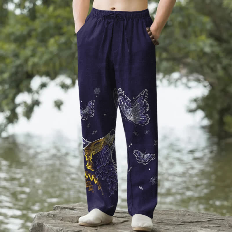 Buddha Stones Pantalones de hombre de algodón con estampado de mariposa y zorro, corte ajustado y bolsillos. - Azul medianoche - US/UK/AU50, EU60 (5XL) - image 6
