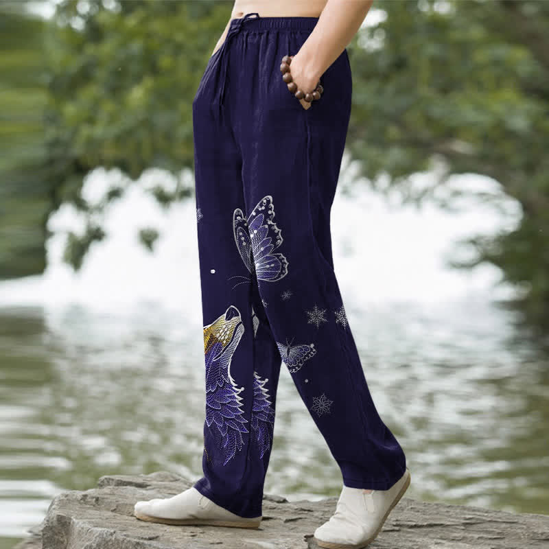 Buddha Stones Pantalones de hombre de algodón con estampado de mariposa y zorro, corte ajustado y bolsillos. - image 7