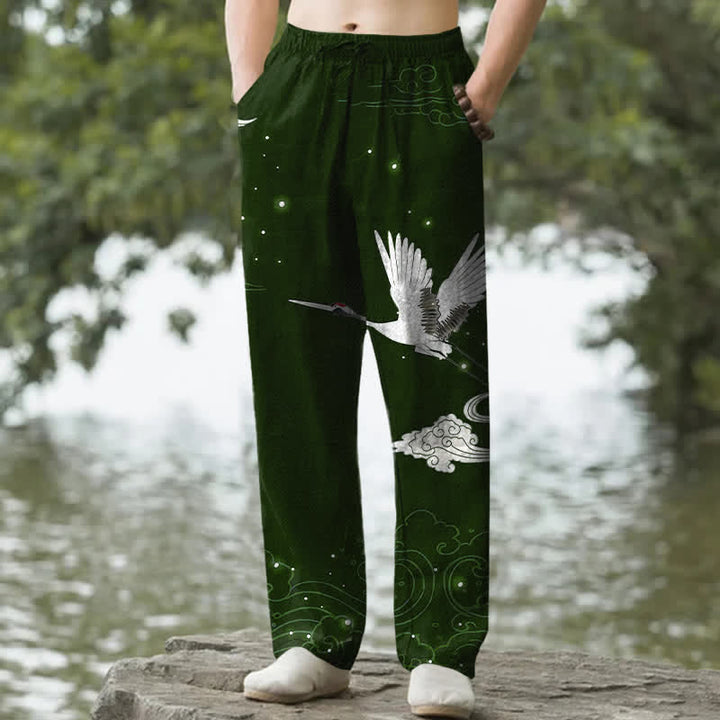 Buddha Stones Pantalones de hombre cónicos con bolsillos, estampado de grulla blanca voladora de algodón y olas blancas. - Verde oscuro - US/UK/AU50, EU60 (5XL) - image 0