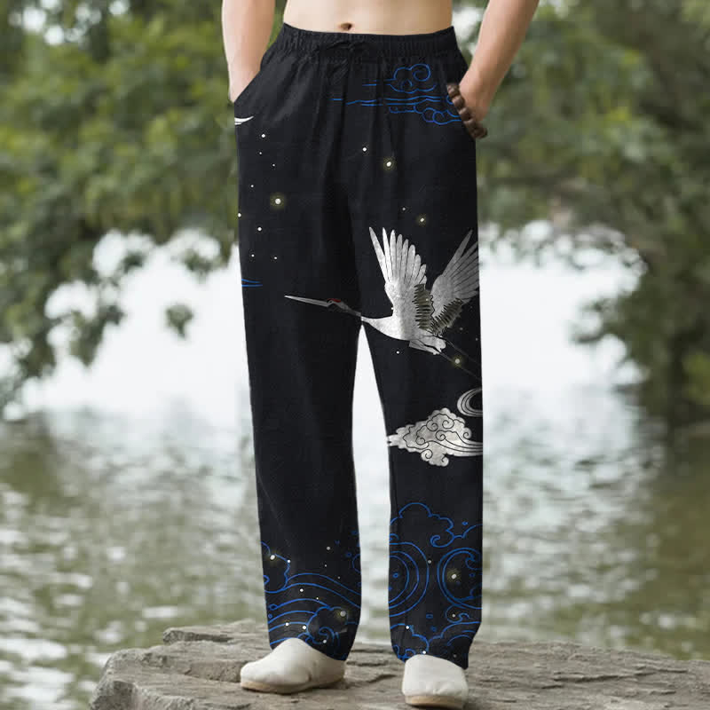 Buddha Stones Pantalones de hombre cónicos con bolsillos, estampado de grulla blanca voladora de algodón y olas blancas. - Negro - US/UK/AU50, EU60 (5XL) - image 4