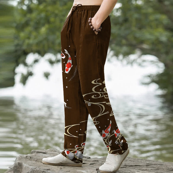 Buddha Stones Pantalones de hombre de algodón con estampado de peces koi rojos y blancos y corte ajustado, con bolsillos. - image 7