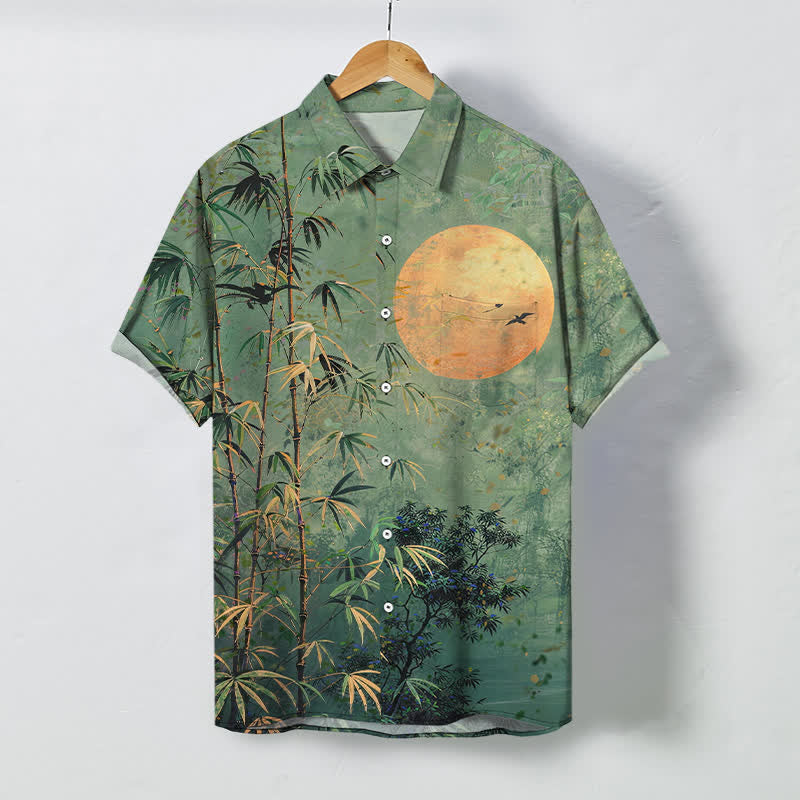Buddha Stones Camisa transpirable de manga corta para hombre con botones y estampado de pájaros y luna de bambú - Verdemar - US/UK/AU48, UE58 (4XL) - image 0