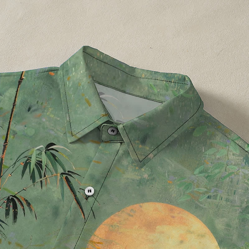Buddha Stones Camisa transpirable de manga corta para hombre con botones y estampado de pájaros y luna de bambú - image 2