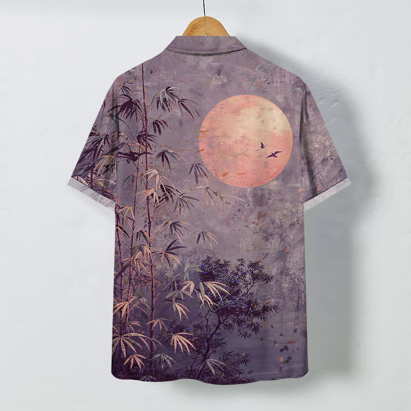 Buddha Stones Camisa transpirable de manga corta para hombre con botones y estampado de pájaros y luna de bambú - image 6