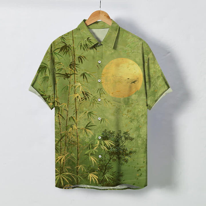 Buddha Stones Camisa transpirable de manga corta para hombre con botones y estampado de pájaros y luna de bambú - Verde oliva - US/UK/AU48, UE58 (4XL) - image 7