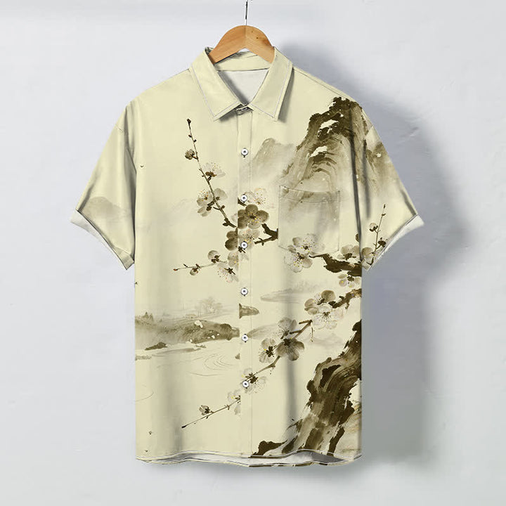Buddha Stones Camisa de manga corta para hombre con botones y estampado de paisaje de flores de ciruelo, resistente a las arrugas. - seda de maíz - US/UK/AU48, UE58 (4XL) - image 3