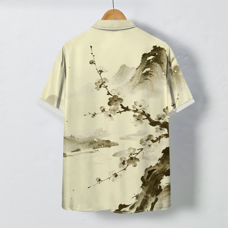 Buddha Stones Camisa de manga corta para hombre con botones y estampado de paisaje de flores de ciruelo, resistente a las arrugas. - image 4