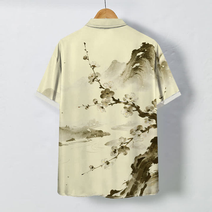 Buddha Stones Camisa de manga corta para hombre con botones y estampado de paisaje de flores de ciruelo, resistente a las arrugas. - image 4