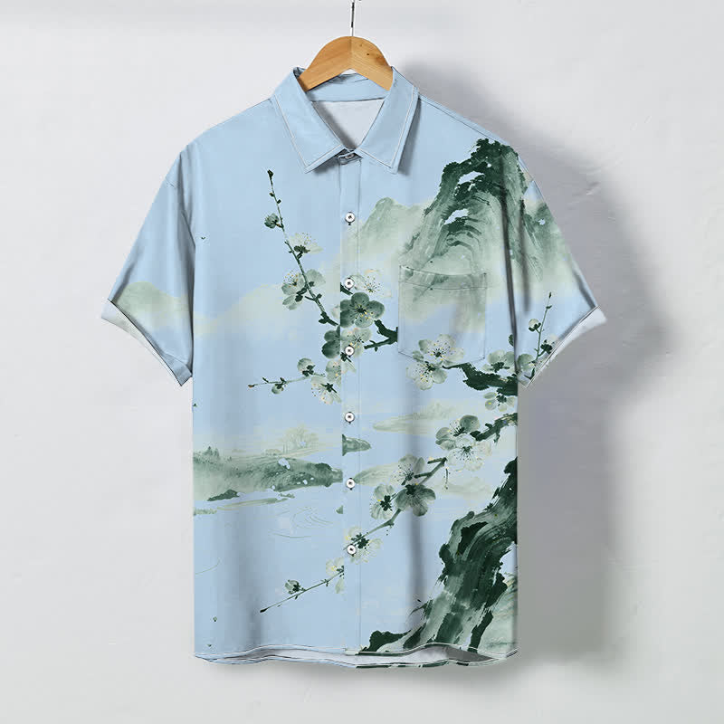 Buddha Stones Camisa de manga corta para hombre con botones y estampado de paisaje de flores de ciruelo, resistente a las arrugas. - Azul claro - US/UK/AU48, UE58 (4XL) - image 5