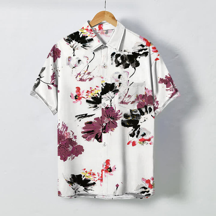 Buddha Stones Camisa transpirable de manga corta para hombre con botones y estampado floral en acuarela - Blanco - US/UK/AU48, UE58 (4XL) - image 0