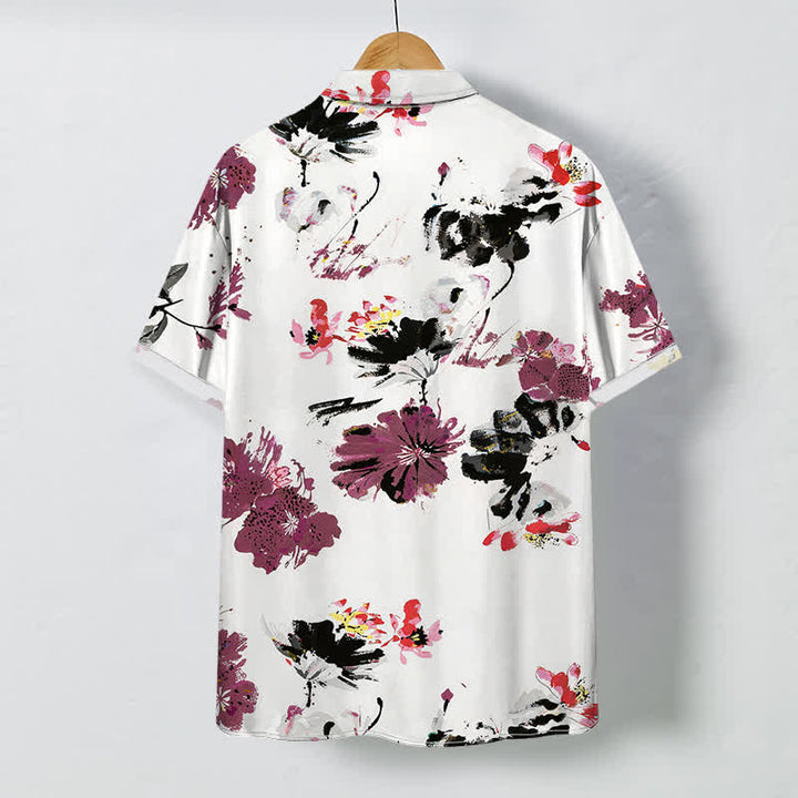 Buddha Stones Camisa transpirable de manga corta para hombre con botones y estampado floral en acuarela - image 1