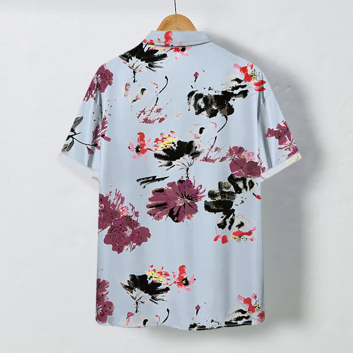 Buddha Stones Camisa transpirable de manga corta para hombre con botones y estampado floral en acuarela - image 4