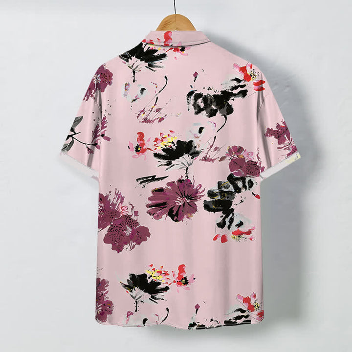 Buddha Stones Camisa transpirable de manga corta para hombre con botones y estampado floral en acuarela - image 6