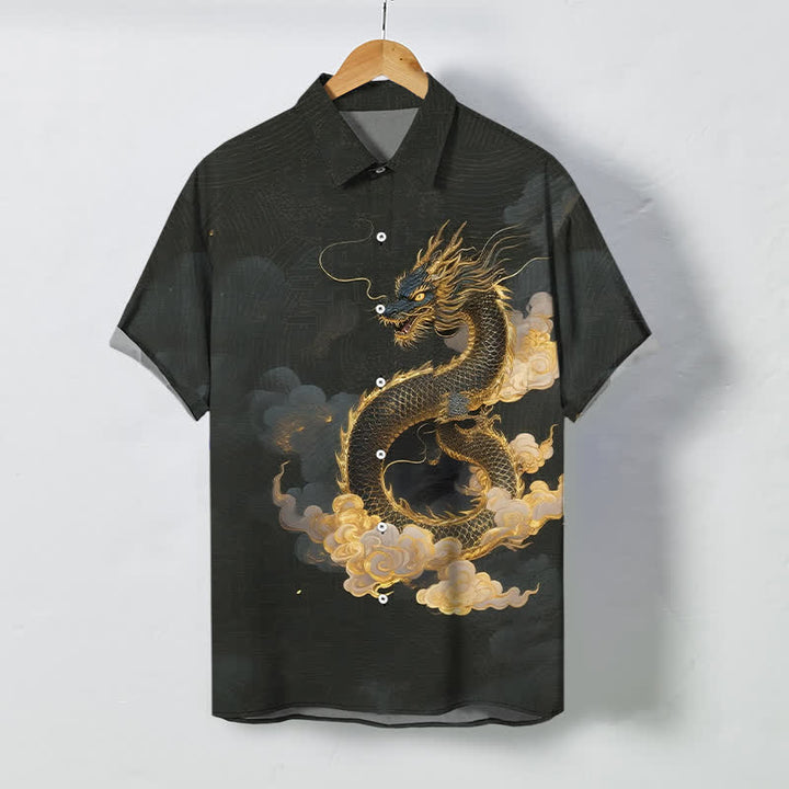 Buddha Stones Camisa de manga corta para hombre con botones y estampado de nube de dragón dorado, resistente a las arrugas. - Negro - US/UK/AU48, UE58 (4XL) - image 0