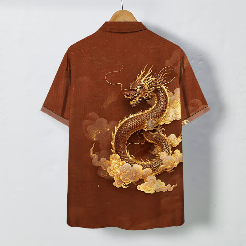 Buddha Stones Camisa de manga corta para hombre con botones y estampado de nube de dragón dorado, resistente a las arrugas. - image 6