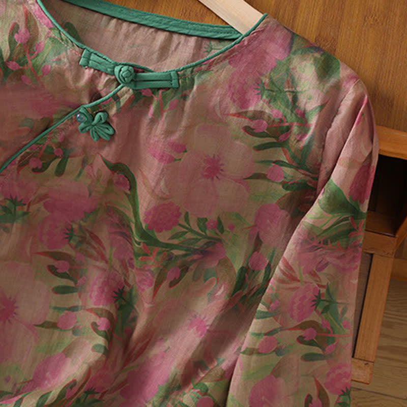 Buddha Stones Camisas de manga tres cuartos para mujer con cuello mandarín, botones de rana y estampado floral, estilo Summer Tang. - image 4