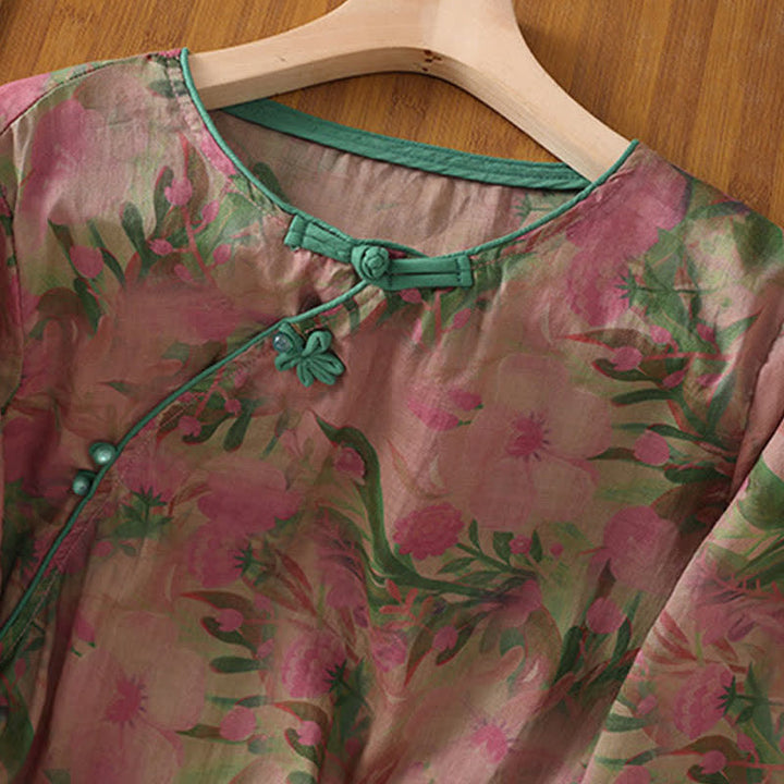 Buddha Stones Camisas de manga tres cuartos para mujer con cuello mandarín, botones de rana y estampado floral, estilo Summer Tang. - image 2
