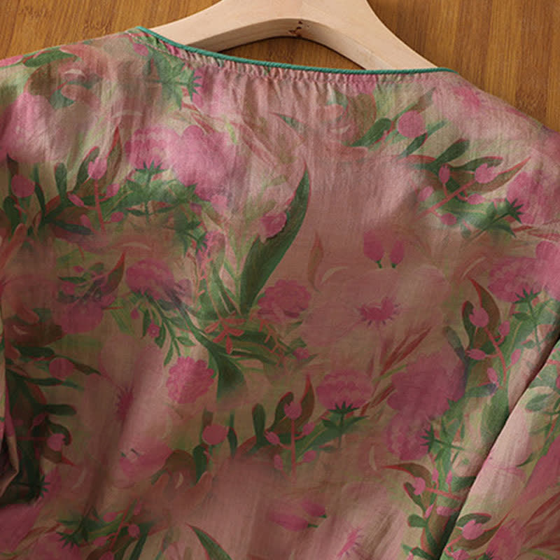 Buddha Stones Camisas de manga tres cuartos para mujer con cuello mandarín, botones de rana y estampado floral, estilo Summer Tang. - image 3