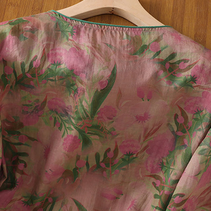 Buddha Stones Camisas de manga tres cuartos para mujer con cuello mandarín, botones de rana y estampado floral, estilo Summer Tang. - image 3