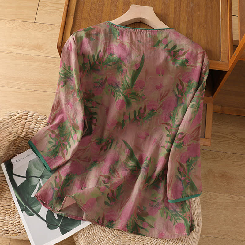 Buddha Stones Camisas de manga tres cuartos para mujer con cuello mandarín, botones de rana y estampado floral, estilo Summer Tang. - image 1