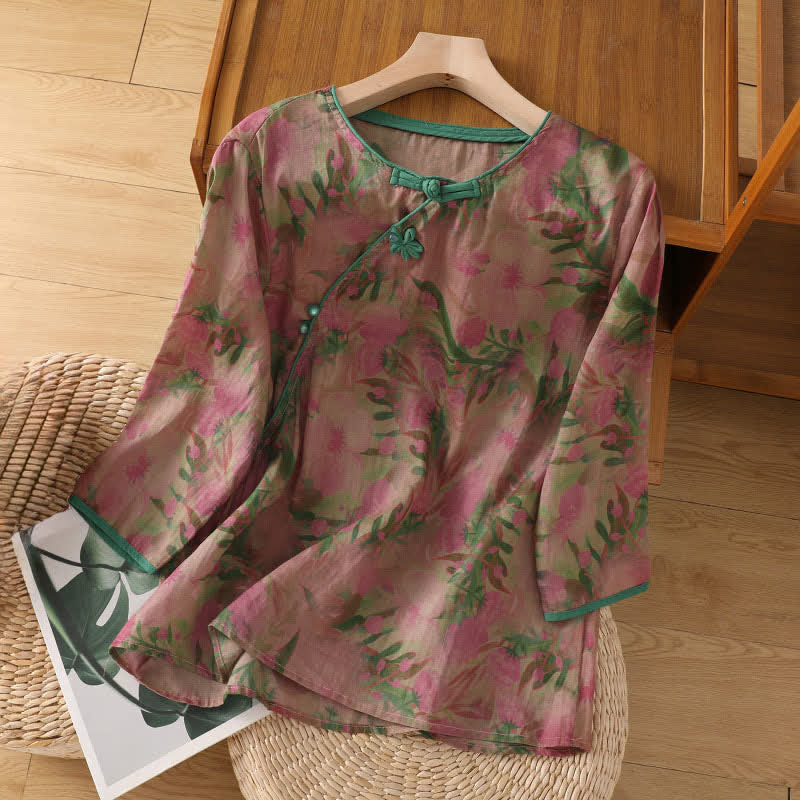Buddha Stones Camisas de manga tres cuartos para mujer con cuello mandarín, botones de rana y estampado floral, estilo Summer Tang. - Rojo violeta pálido - US8-10，UK/AU12-14，EU40-42 (2XL) - image 0