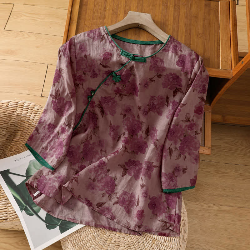 Buddha Stones Camisas de manga tres cuartos para mujer con cuello mandarín, botones de rana y estampado floral, estilo Summer Tang. - Rojo violeta medio - US8-10，UK/AU12-14，EU40-42 (2XL) - image 7