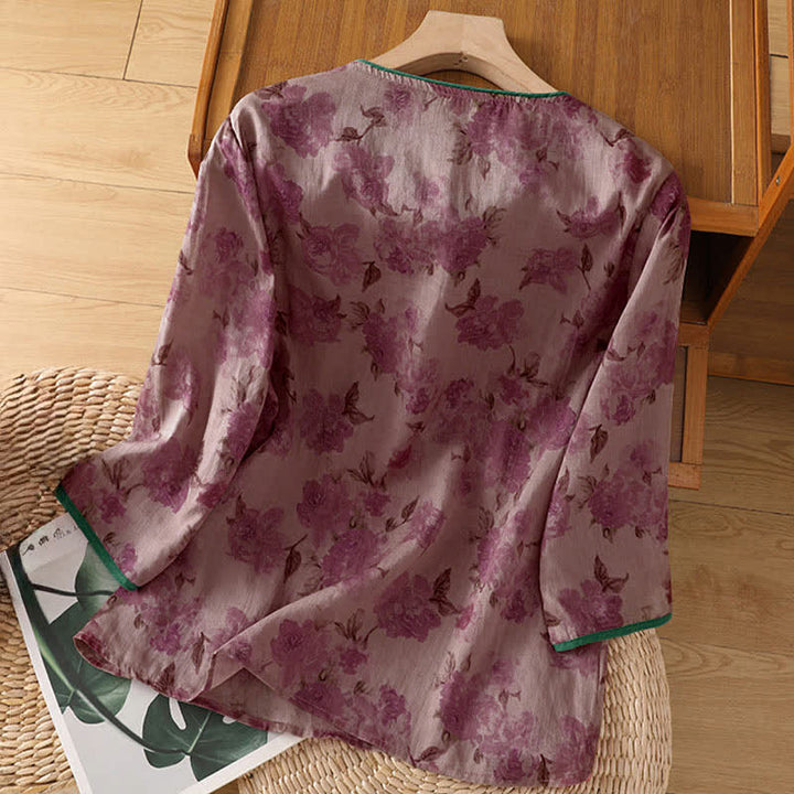 Buddha Stones Camisas de manga tres cuartos para mujer con cuello mandarín, botones de rana y estampado floral, estilo Summer Tang. - image 8
