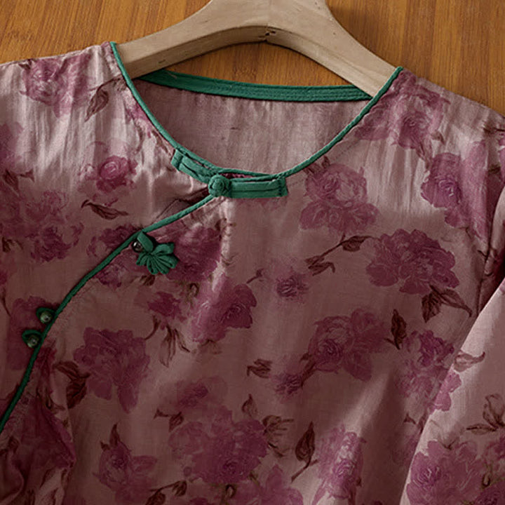 Buddha Stones Camisas de manga tres cuartos para mujer con cuello mandarín, botones de rana y estampado floral, estilo Summer Tang. - image 9
