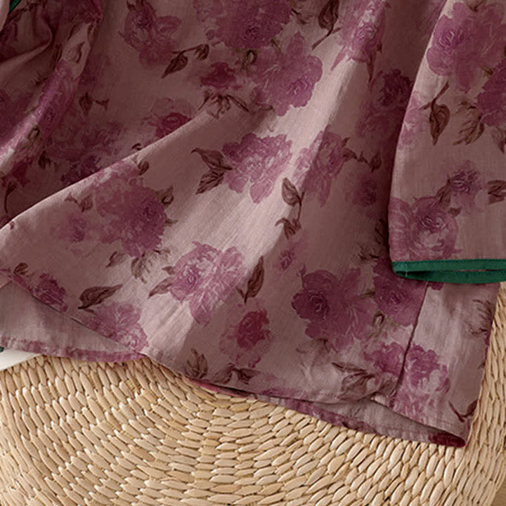 Buddha Stones Camisas de manga tres cuartos para mujer con cuello mandarín, botones de rana y estampado floral, estilo Summer Tang. - image 13