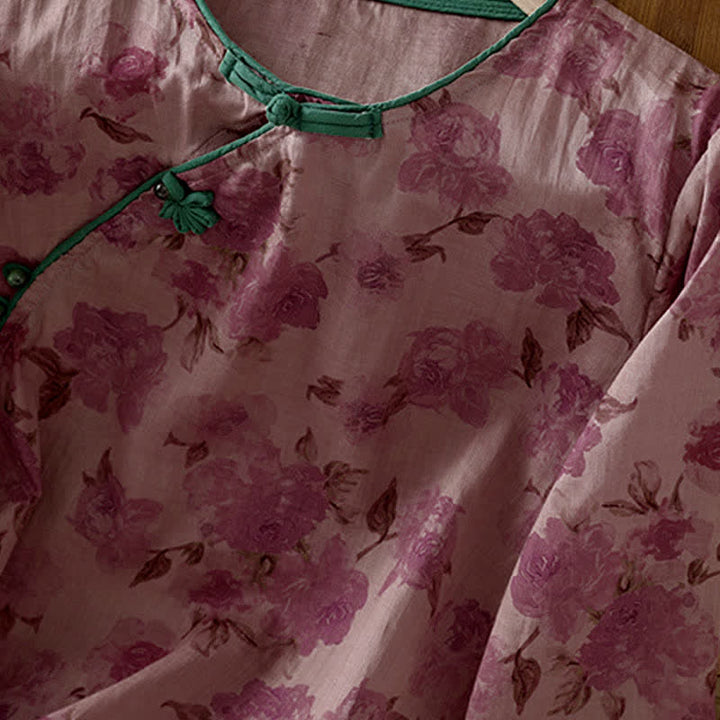 Buddha Stones Camisas de manga tres cuartos para mujer con cuello mandarín, botones de rana y estampado floral, estilo Summer Tang. - image 12