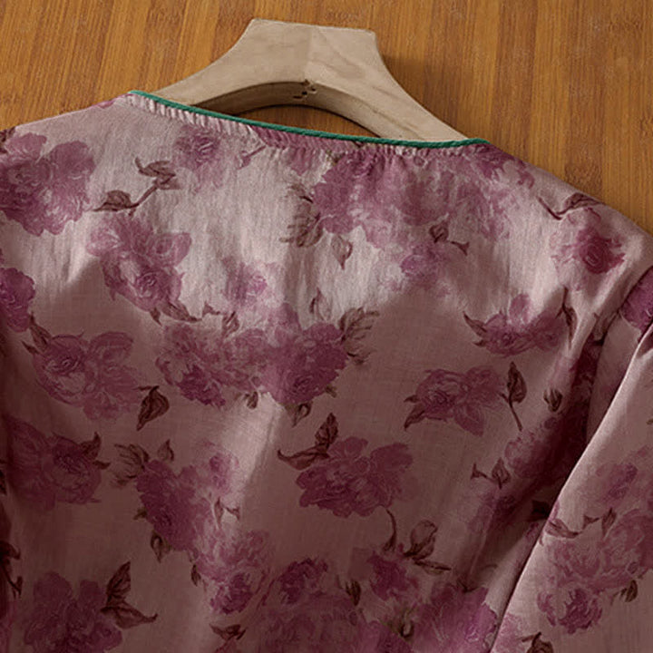 Buddha Stones Camisas de manga tres cuartos para mujer con cuello mandarín, botones de rana y estampado floral, estilo Summer Tang. - image 10