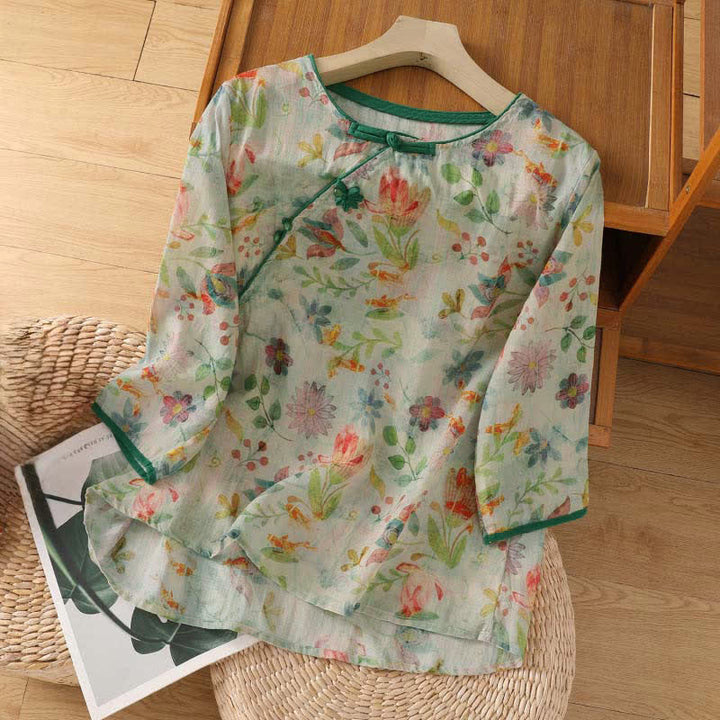 Buddha Stones Camisas de manga tres cuartos para mujer con cuello mandarín, botones de rana y estampado floral, estilo Summer Tang. - Gotas de miel - US8-10，UK/AU12-14，EU40-42 (2XL) - image 15