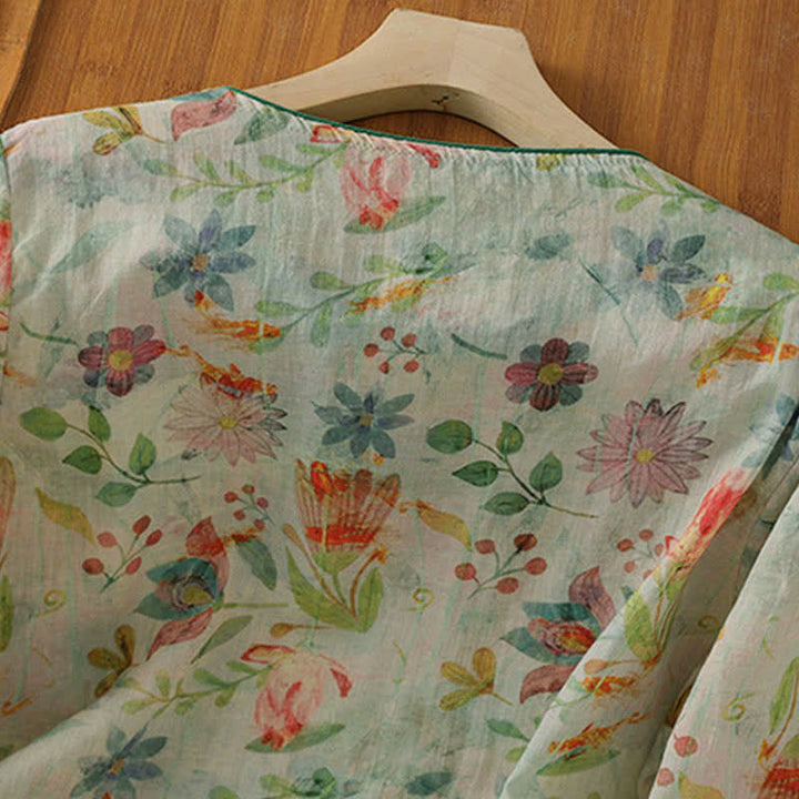 Buddha Stones Camisas de manga tres cuartos para mujer con cuello mandarín, botones de rana y estampado floral, estilo Summer Tang. - image 18