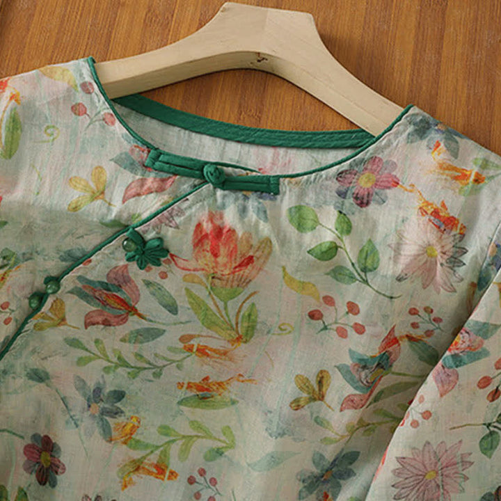 Buddha Stones Camisas de manga tres cuartos para mujer con cuello mandarín, botones de rana y estampado floral, estilo Summer Tang. - image 17