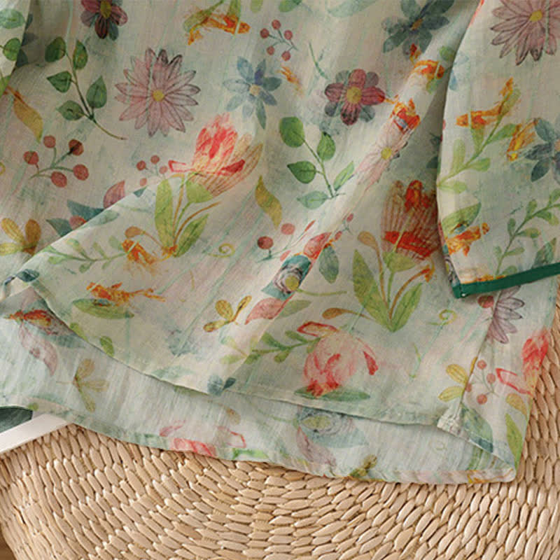 Buddha Stones Camisas de manga tres cuartos para mujer con cuello mandarín, botones de rana y estampado floral, estilo Summer Tang. - image 22